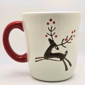 Tag Prancing Reindeer Christmas Mug Red Handle Embossed Holiday‎ Cozy Whimsical